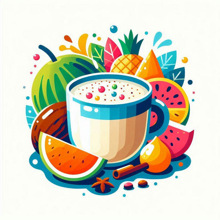 Vector illustration of a cup of coffee with milk, watermelon and pineapple.のイラスト素材