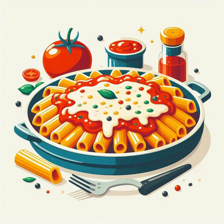 Pasta with tomato sauce in a frying pan. Vector illustration.のイラスト素材