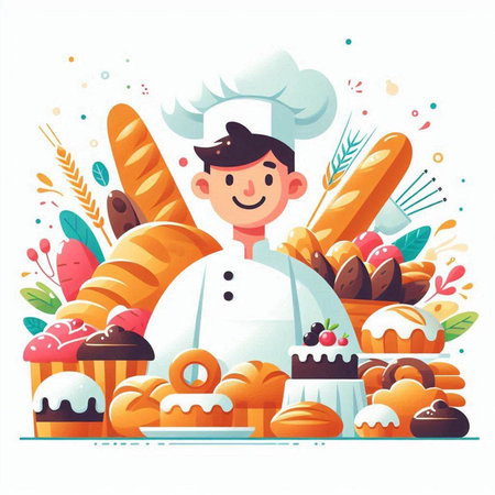 Baker with bread and bakery products. Vector illustration in flat styleのイラスト素材