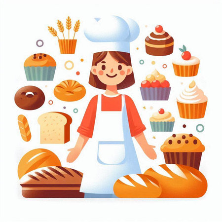 Baker woman with bakery products. Vector illustration in cartoon style.のイラスト素材