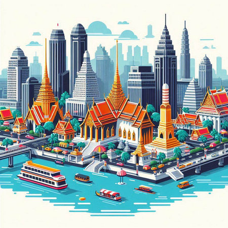 Bangkok cityscape with famous landmarks and boats. Vector illustration.のイラスト素材
