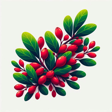Vector illustration of red barberry with green leaves on white background.のイラスト素材