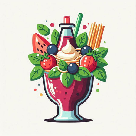 Vector illustration of a glass of watermelon smoothie with ice cream, strawberries, blueberries, watermelon, mint.のイラスト素材