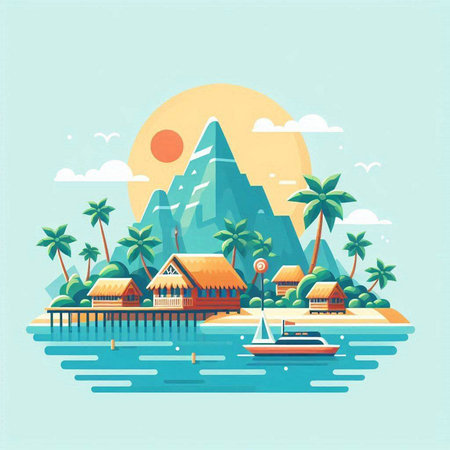 Tropical island with palm trees and bungalows. Flat style vector illustration.のイラスト素材