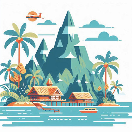 Vector illustration of tropical island with bungalows and palm trees.のイラスト素材
