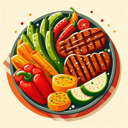 Grilled meat with vegetables on a plate. Vector illustration in cartoon style.のイラスト素材