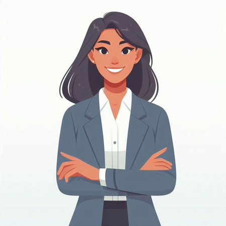 Smiling businesswoman with crossed arms. Vector illustration in cartoon styleのイラスト素材