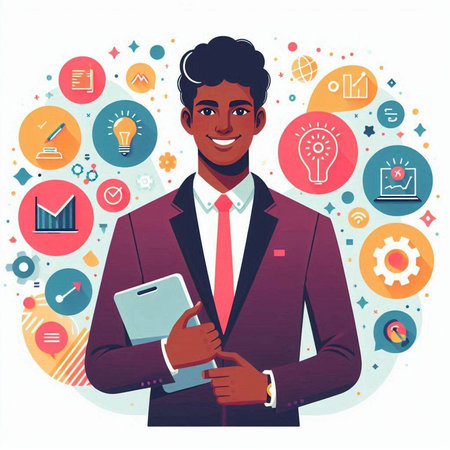Young african american business man with mobile phone. Vector illustrationのイラスト素材