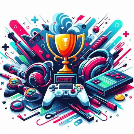 Retro style illustration of a video game console, gamepad, joystick and trophy.のイラスト素材