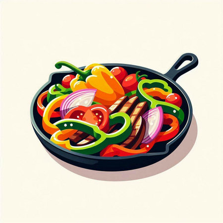 Illustration of grilled meat with vegetables in a frying pan. Vector illustration.のイラスト素材