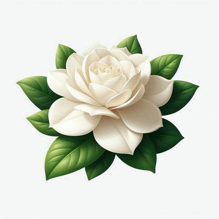 Beautiful white flower with green leaves isolated on white background. Vector illustration.のイラスト素材