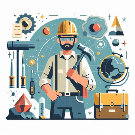 Worker with tools. Vector illustration in flat style. Construction industry.のイラスト素材