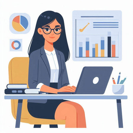 Business woman working at office. Vector illustration in a flat style.のイラスト素材