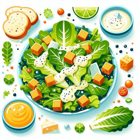 Salad with cheese, lettuce, cucumber, tomato and sour cream. Vector illustrationのイラスト素材