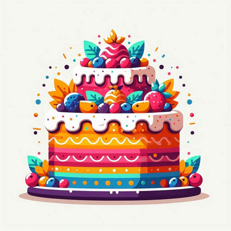 Birthday cake with berries and fruits. Vector illustration in flat styleのイラスト素材