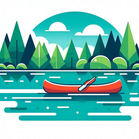 Vector illustration of a kayak on the lake with trees in the backgroundのイラスト素材