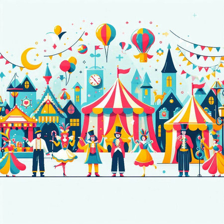 Carnival illustration with people and fairground. Flat style vector illustration.のイラスト素材