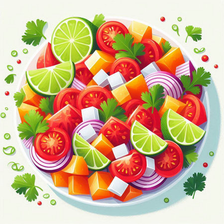 Salad with tomato, onion, cucumber and cheese. Vector illustration.のイラスト素材