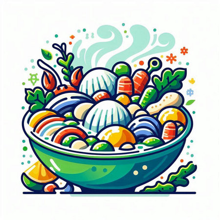 Illustration of a bowl of soup with vegetables and fish. Vector illustration.のイラスト素材