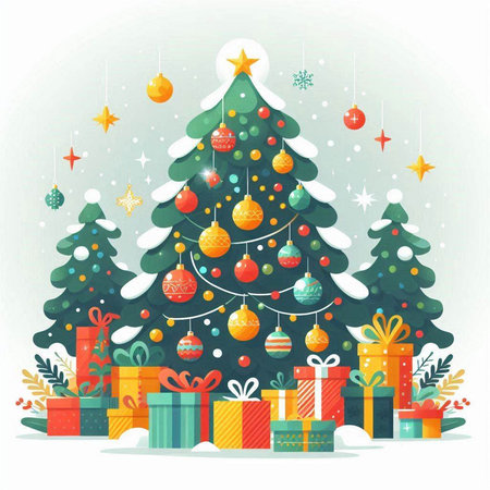 Christmas tree with gifts and ornaments. Vector illustration for your designのイラスト素材