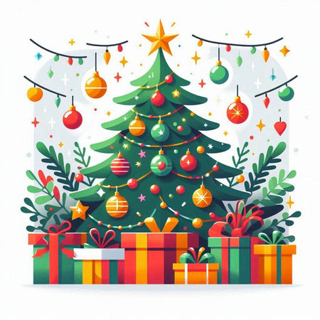Christmas tree with gifts and decorations on white background. Vector illustration.のイラスト素材