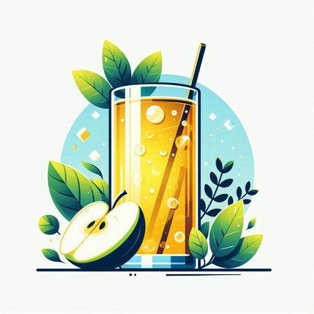 Vector illustration of a glass of apple juice with fresh apples and leaves.のイラスト素材