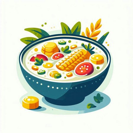 Vector illustration of a bowl of vegetable soup with corn and vegetables.のイラスト素材