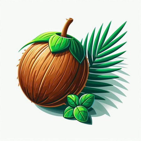 Coconut with leaves on a white background. Vector illustration.のイラスト素材