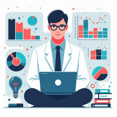 Male doctor sitting in lotus pose and working on laptop. Vector illustrationのイラスト素材