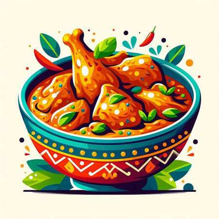 Indian cuisine. Vector illustration of chicken drumsticks in a bowl.のイラスト素材