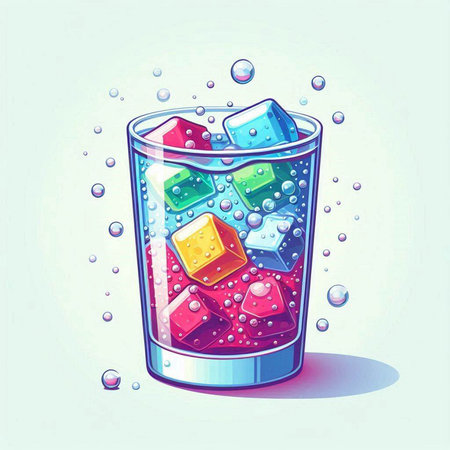 Colorful ice cubes in a glass of water. Vector illustration.のイラスト素材
