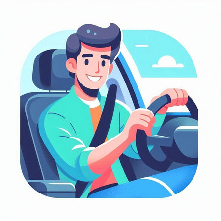 Man driving car. Vector illustration in flat cartoon style. Man driving a car.のイラスト素材
