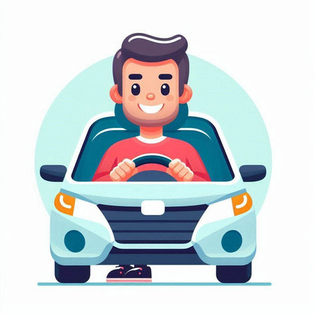 Man driving a car. Vector illustration in cartoon style on white background.のイラスト素材