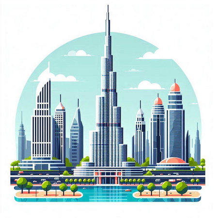 Vector illustration of Dubai city skyline in flat style with skyscrapers.のイラスト素材