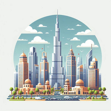 Modern cityscape with skyscrapers and buildings. Vector illustration.のイラスト素材