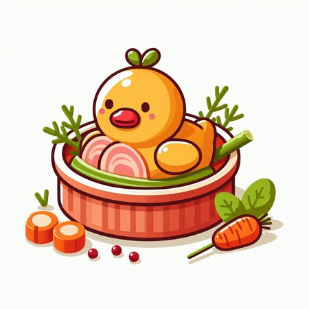 Cute cartoon chicken in a bowl with carrots and greens. Vector illustration.のイラスト素材