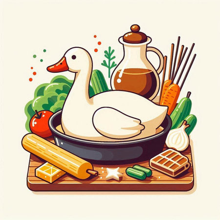 Vector illustration of a duck in a frying pan with ingredients for cookingのイラスト素材