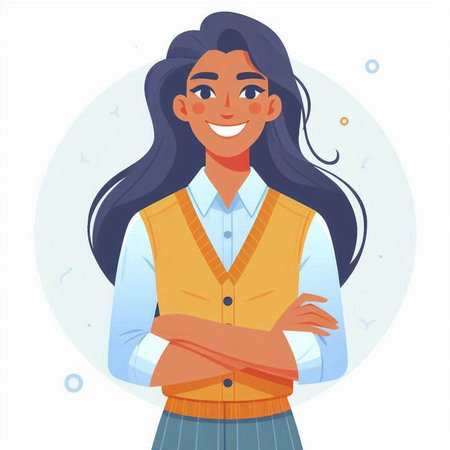 Smiling young woman with folded arms. Vector illustration in cartoon styleのイラスト素材