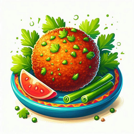 Vector illustration of cutlet with parsley and tomato on a plateのイラスト素材