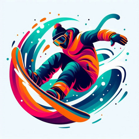 Vector illustration of snowboarder jumping in the air in colorful backgroundのイラスト素材