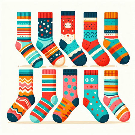 Set of multicolored socks with different patterns. Vector illustration.のイラスト素材