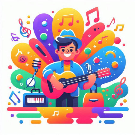 Vector illustration of a male musician playing guitar on a colorful background.のイラスト素材