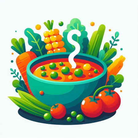 Vector illustration of a bowl of vegetable soup with vegetables and herbs.のイラスト素材
