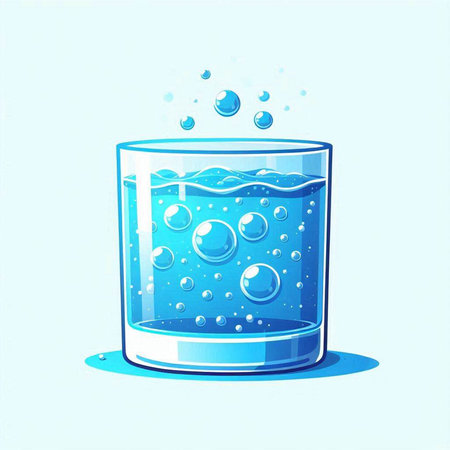 Glass of water with bubbles on a blue background. Vector illustration.のイラスト素材