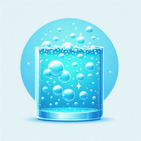 Glass of water with bubbles on the blue background. Vector illustration.のイラスト素材