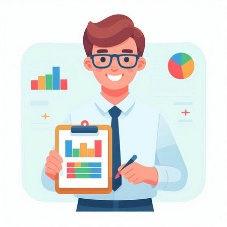 Businessman holding a clipboard with graphs and charts. Vector illustration in cartoon styleのイラスト素材