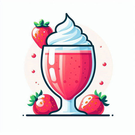 Strawberry milkshake in glass with whipped cream and fresh strawberries. Vector illustration.のイラスト素材