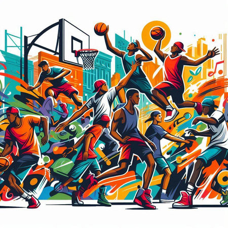 Group of young basketball players in action. Colorful vector illustration.のイラスト素材