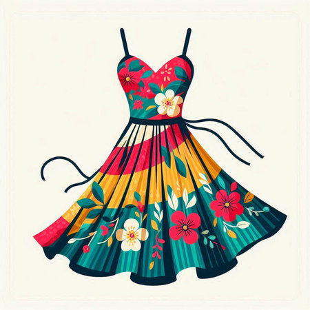 Fashionable women's dress with floral pattern. Vector illustration.のイラスト素材
