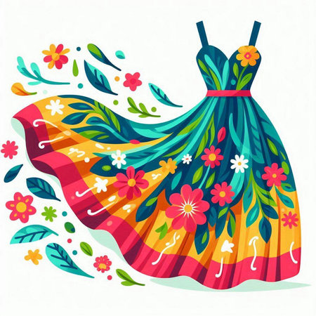 Illustration of a colorful summer dress with flowers and leaves on a white backgroundのイラスト素材